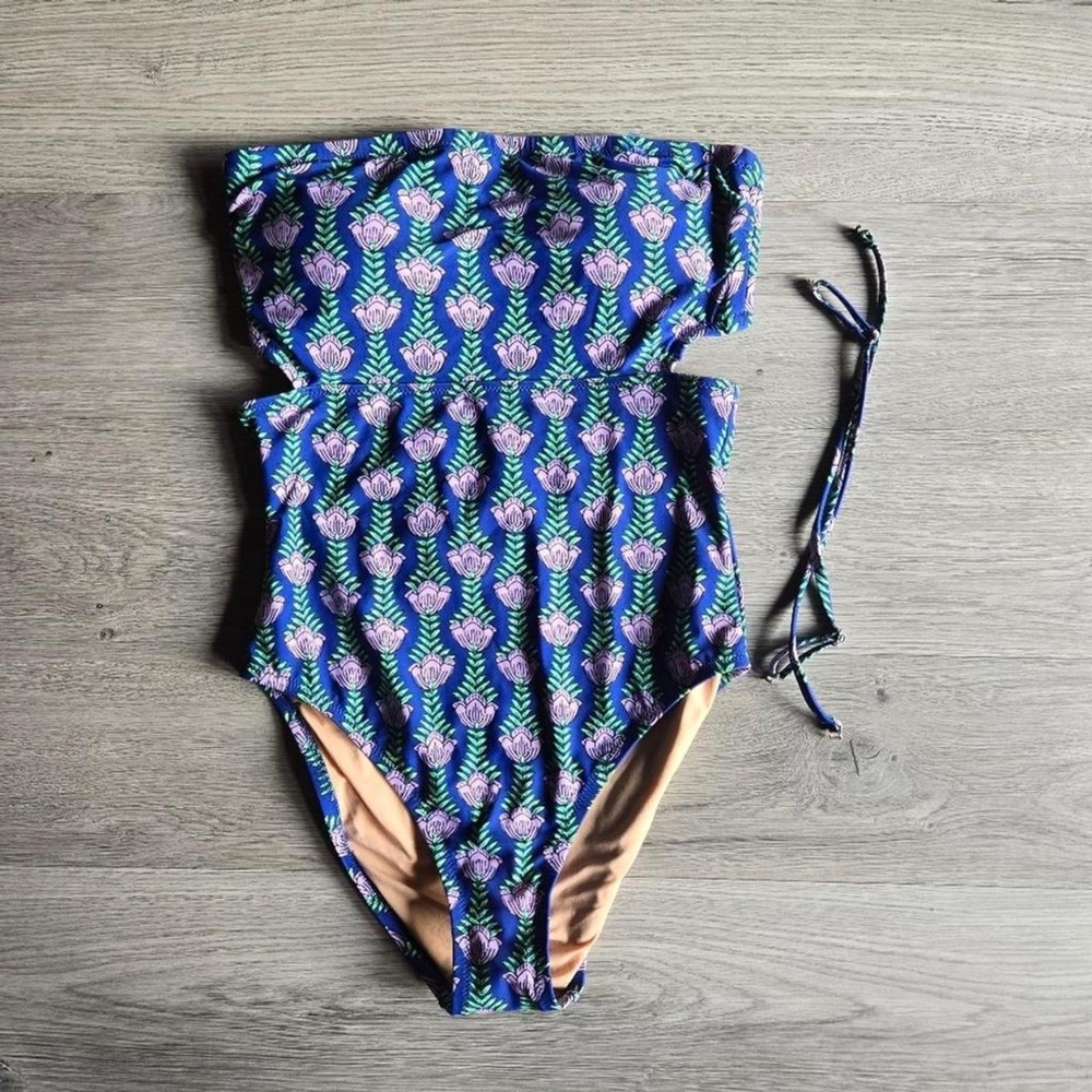 J.Crew Women's Blue One-piece Swimsuit with Lavender Floral Pattern